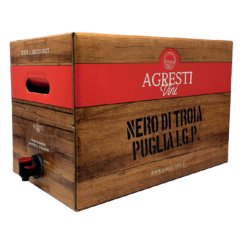Bag-in-box da 20 litri personalizzato per vino Nero di Troia Puglia I.G.P. Agresti Vini, con stampa effetto legno e rubinetto dosatore
