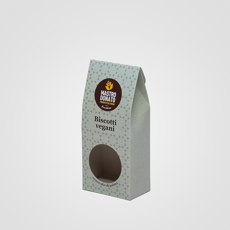 Astuccio per biscotti Mastro Donato, con apertura a soffietto e finestra fustellata.