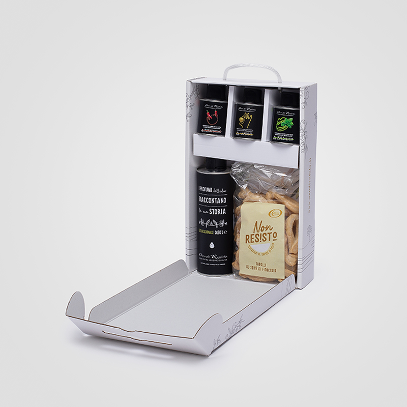 Produzione box personalizzato per composizione di prodotti alimentari olio e taralli Oro di Rufolo Giovinazzo