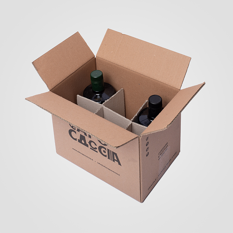 Scatola americana in doppia onda avana con alveari interni per bottiglie di olio prodotta da Royal Box.