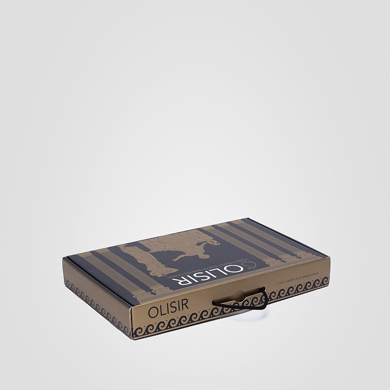 Packaging modello cofanetto automontante con interno sagomato per 5 bottiglie di olio