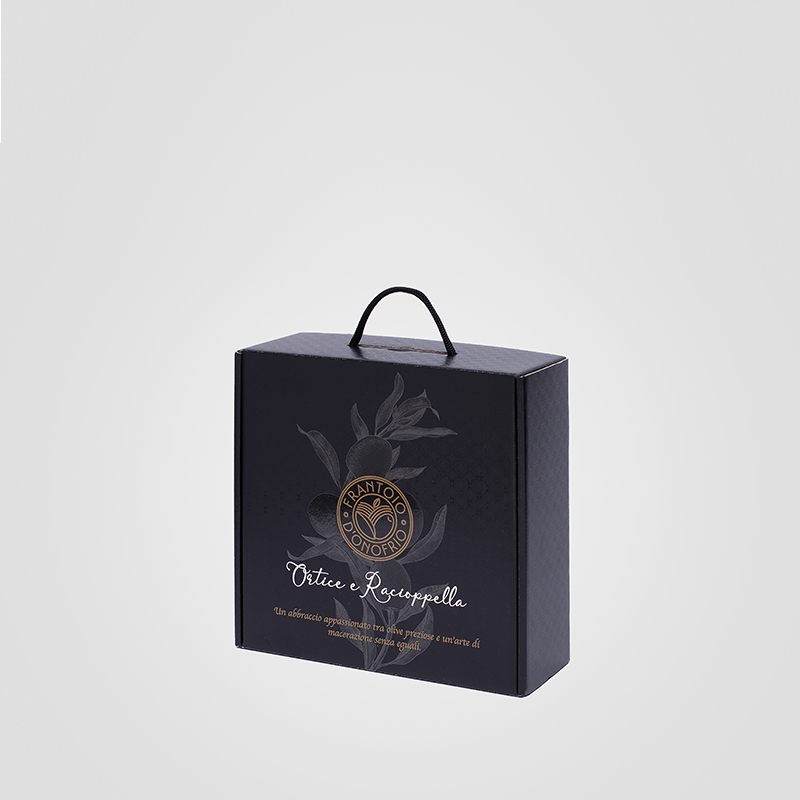Packaging modello a cofanetto con interno sagomato per due bottiglie ICE DOP 500 ml per olio evo