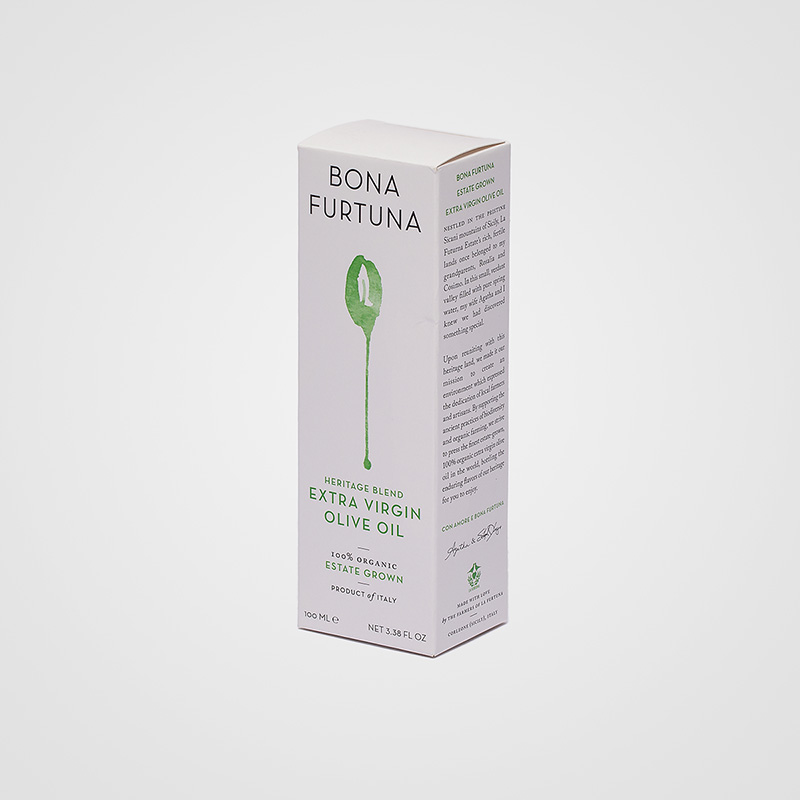 Packaging Bona Furtuna: astuccio in cartoncino teso per bottiglia d'olio da 100 ml con nobilitazione in serigrafia spessorata.