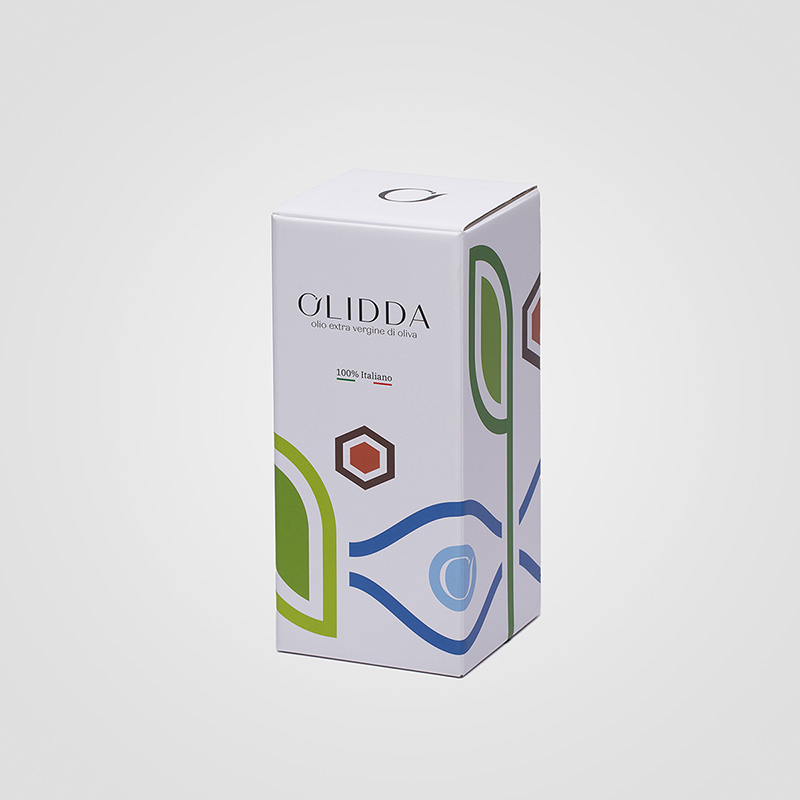 Astuccio Olidda per olio extra vergine di oliva, in cartone microonda con elementi geometrici colorati