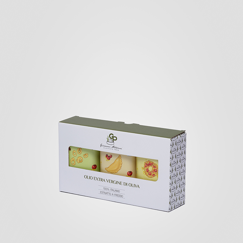Astuccio per tre lattine di olio Giovanni Petruzzi