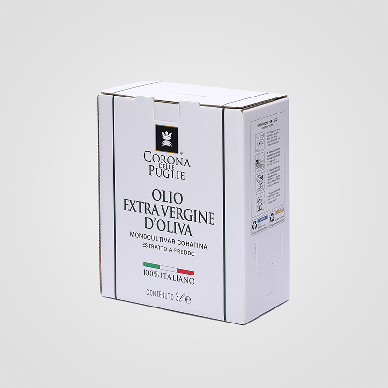 Bag in Box Personalizzato da 3 litri di Olio Extra Vergine di Oliva Corona delle Puglie Produzione Bag in Box personalizzato da 3 litri di Olio Extra Vergine di Oliva Corona delle Puglie Covan Andria