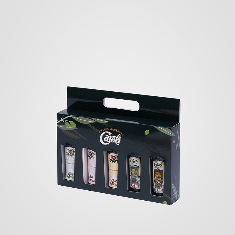 Portantino per cinque bottiglie 100 ml di olio Caroli.