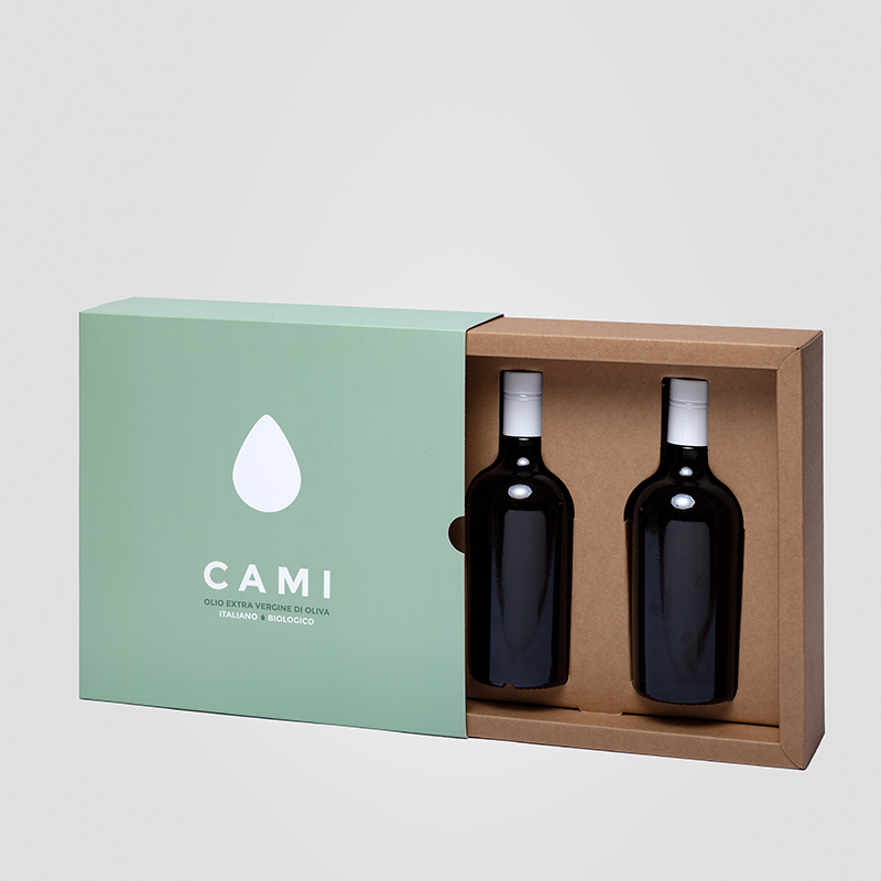 Scatola a fodero con interno sagomato per due bottiglie OLEUM DOP 500 ml per olio Cami.