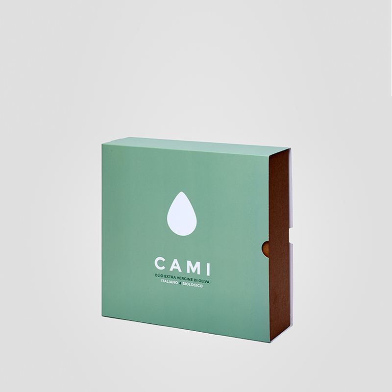 Scatola a fodero con interno sagomato per due bottiglie OLEUM DOP 500 ml per olio Cami.