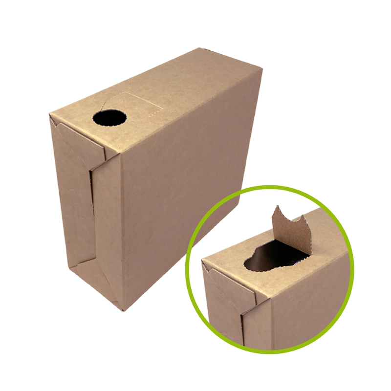 Guida all'apertura bag-in-box: sollevare la linguetta di cartone per estrarre il rubinetto