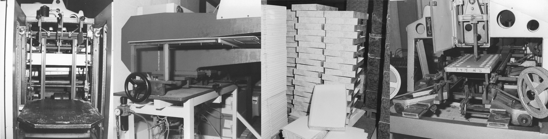 Immagini storiche in bianco e nero che documentano l'evoluzione tecnologica di Royal Box Packaging nel 1986, mostrando macchinari industriali per la produzione di scatole e imballaggi, e pile di packaging semilavorato.