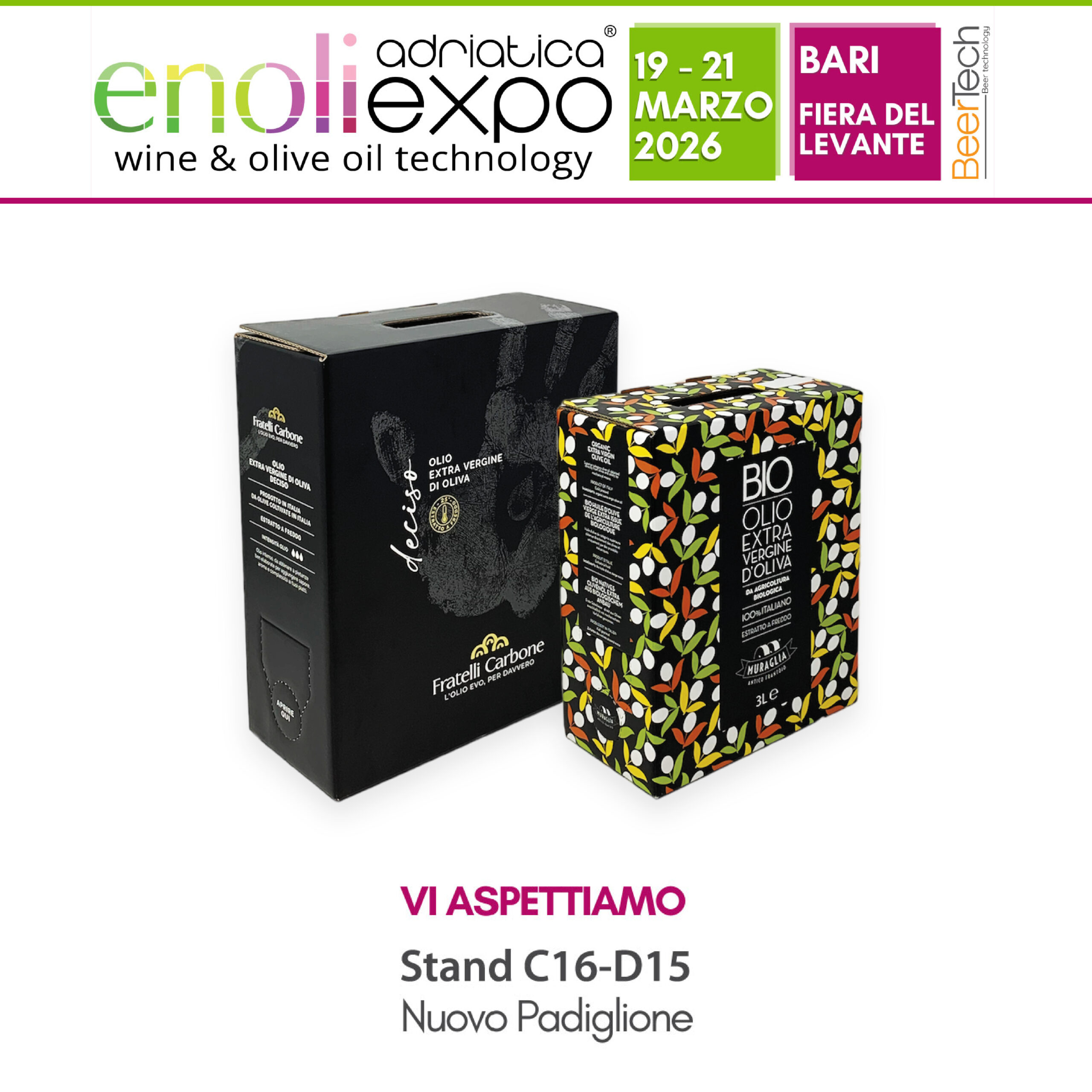 Immagine coordinata Royal Box per Enoliexpo 2026: due Bag in Box personalizzati per olio extra vergine di oliva, uno nero "deciso" Fratelli Carbone e uno a fantasia "Muraglia" 3L e, con date e dettagli dello stand C16-D15